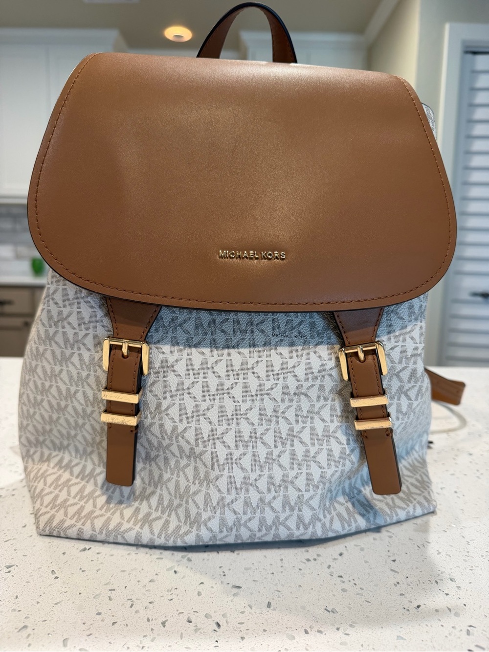 Michael Kors Brown Leather & Beige MK Logo Backpack